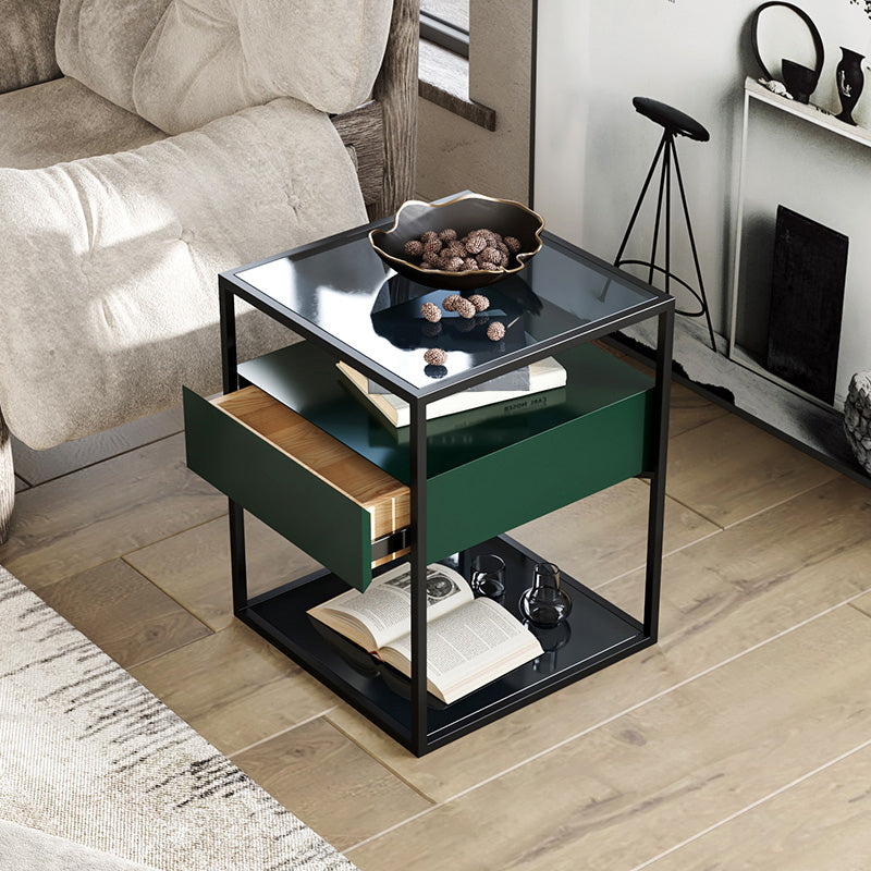 Industrial Drawers Included Bedside Cabinet Glass and Metal Nightstand for Bedroom