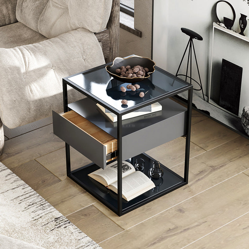 Industrial Drawers Included Bedside Cabinet Glass and Metal Nightstand for Bedroom