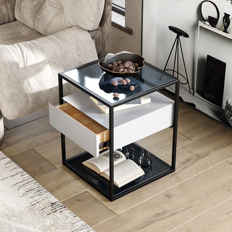 Industrial Drawers Included Bedside Cabinet Glass and Metal Nightstand for Bedroom