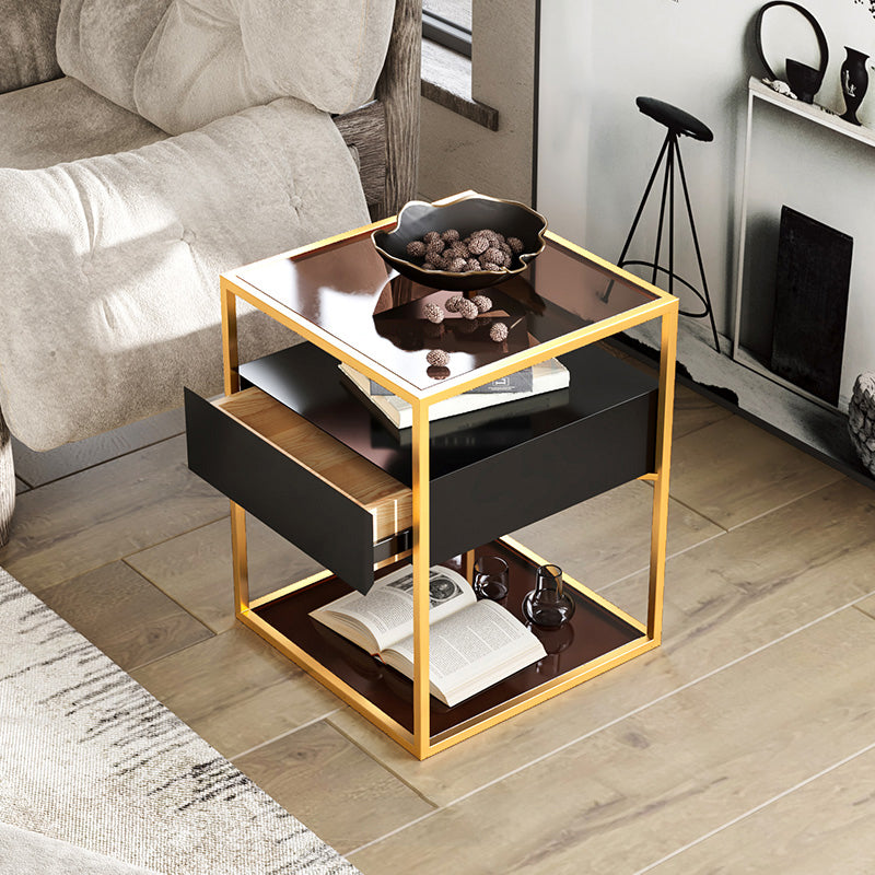 Industrial Drawers Included Bedside Cabinet Glass and Metal Nightstand for Bedroom