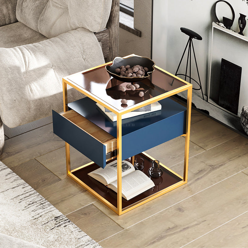 Industrial Drawers Included Bedside Cabinet Glass and Metal Nightstand for Bedroom