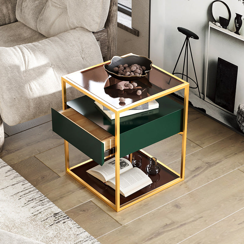 Industrial Drawers Included Bedside Cabinet Glass and Metal Nightstand for Bedroom