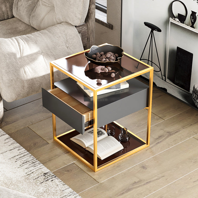 Industrial Drawers Included Bedside Cabinet Glass and Metal Nightstand for Bedroom