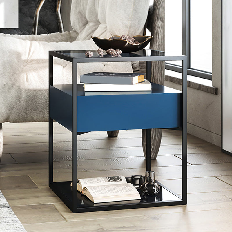 Industrial Drawers Included Bedside Cabinet Glass and Metal Nightstand for Bedroom