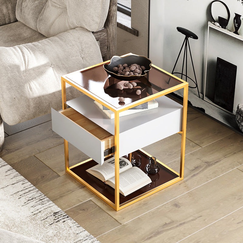 Industrial Drawers Included Bedside Cabinet Glass and Metal Nightstand for Bedroom