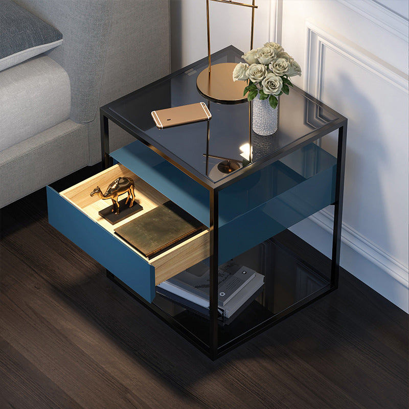 Industrial Drawers Included Bedside Cabinet Glass and Metal Nightstand for Bedroom