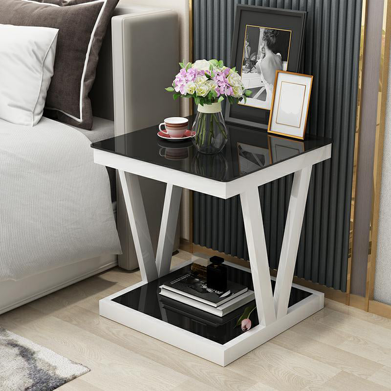 Modern Open Storage Bedside Cabinet Glass Top Night Table with Shelf