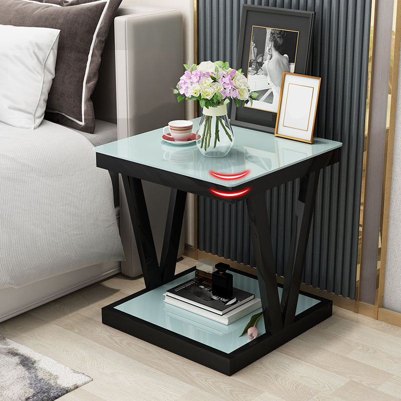 Modern Open Storage Bedside Cabinet Glass Top Night Table with Shelf