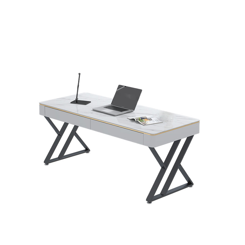 2-drawer Writing Desk White Modern Stone and Metal Office Desk