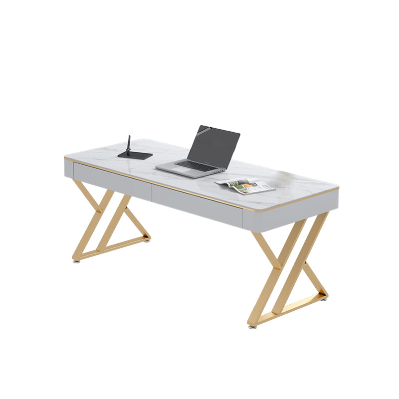 2-drawer Writing Desk White Modern Stone and Metal Office Desk