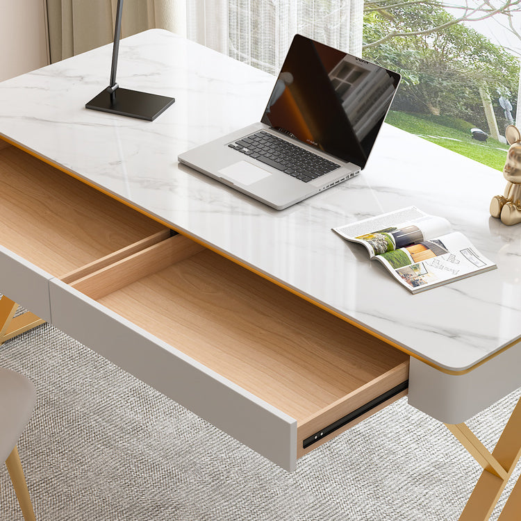 2-drawer Writing Desk White Modern Stone and Metal Office Desk