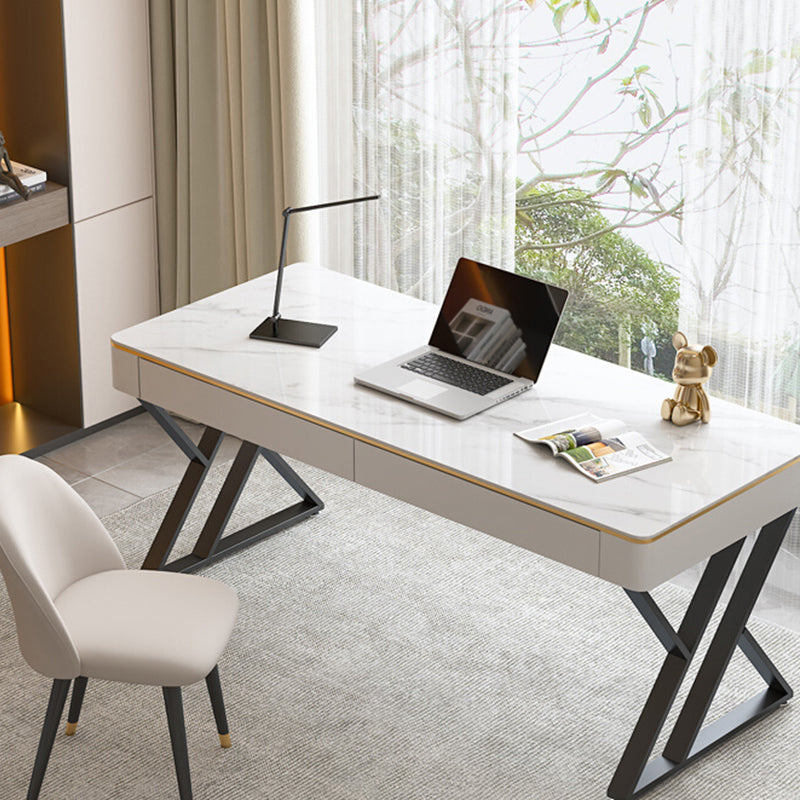 2-drawer Writing Desk White Modern Stone and Metal Office Desk