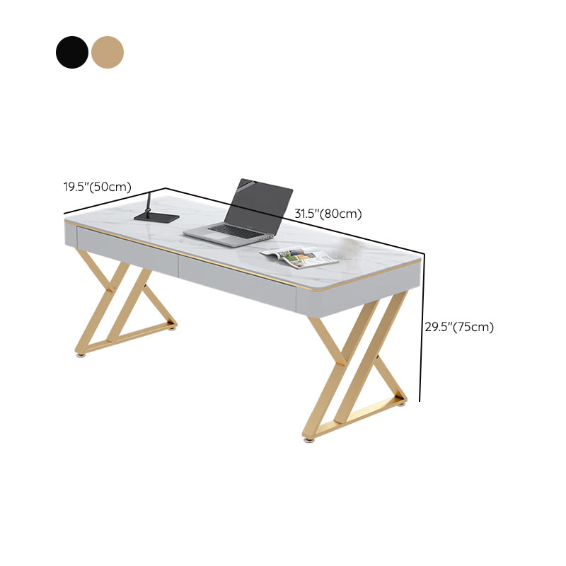 2-drawer Writing Desk White Modern Stone and Metal Office Desk