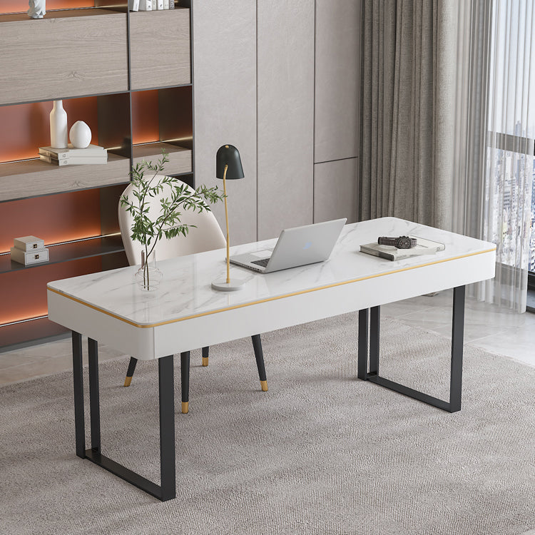 Modern Sled Office Desk Stone and Metal Writing Desk with 2 Storage Drawers