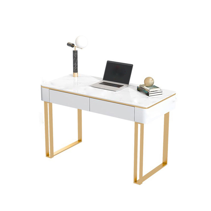 Modern Sled Office Desk Stone and Metal Writing Desk with 2 Storage Drawers