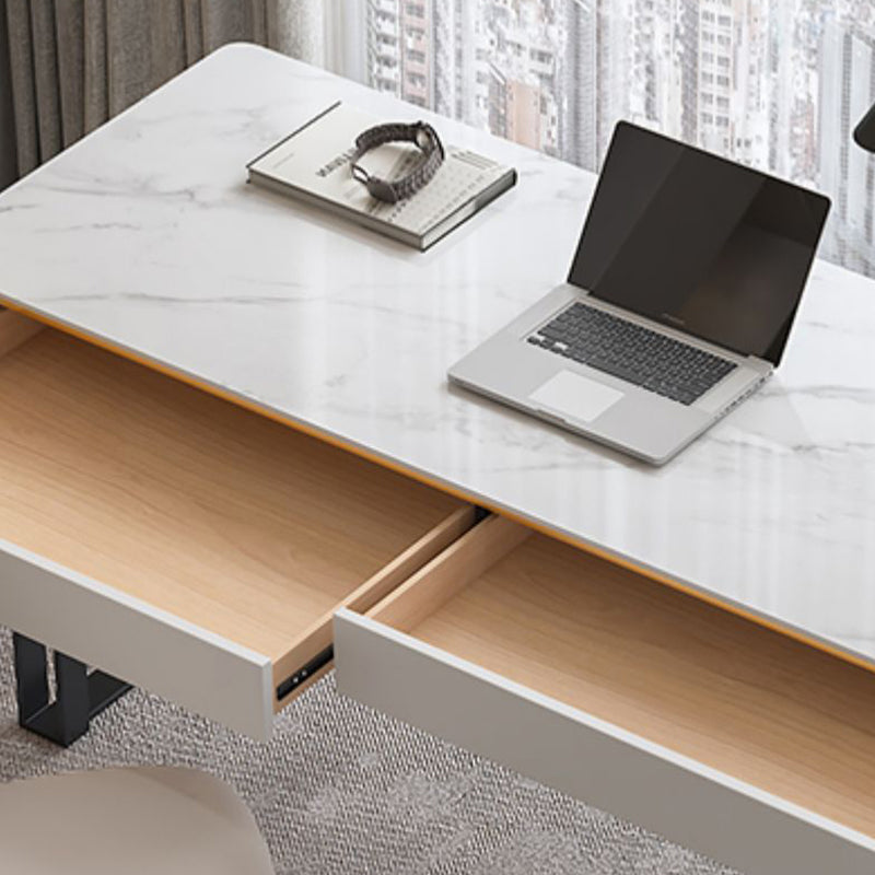 Modern Sled Office Desk Stone and Metal Writing Desk with 2 Storage Drawers