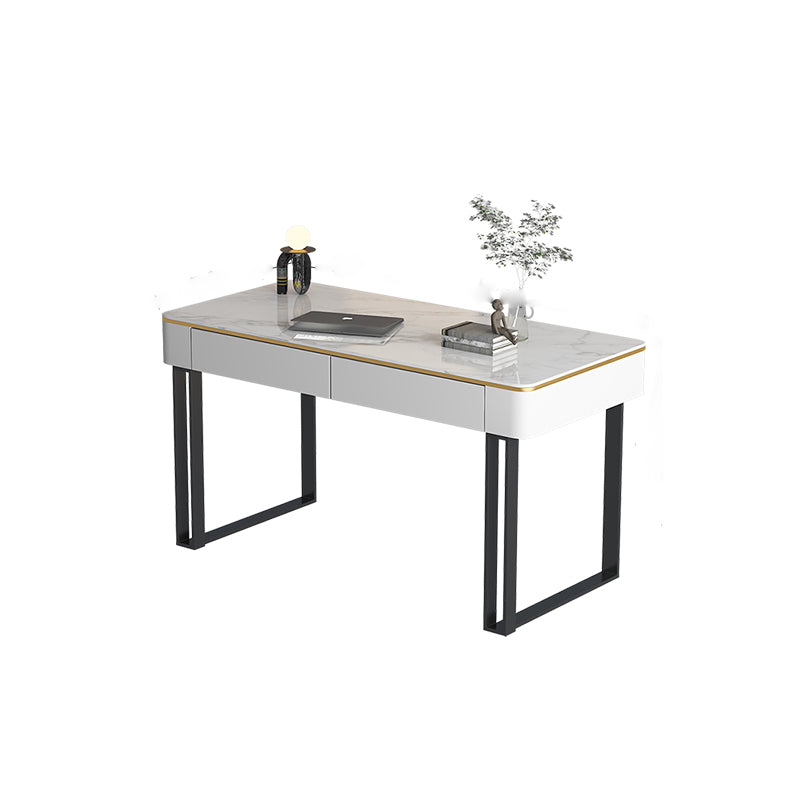 Modern Sled Office Desk Stone and Metal Writing Desk with 2 Storage Drawers