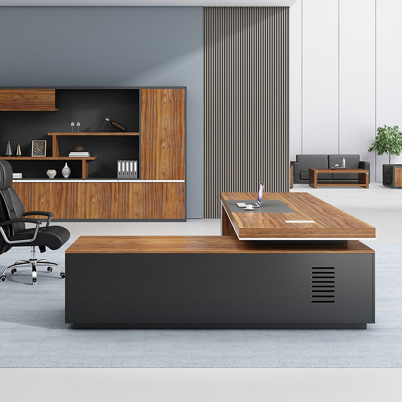 L-Shape Modern Executive Desk Black and Brown Office Desk with Drawers