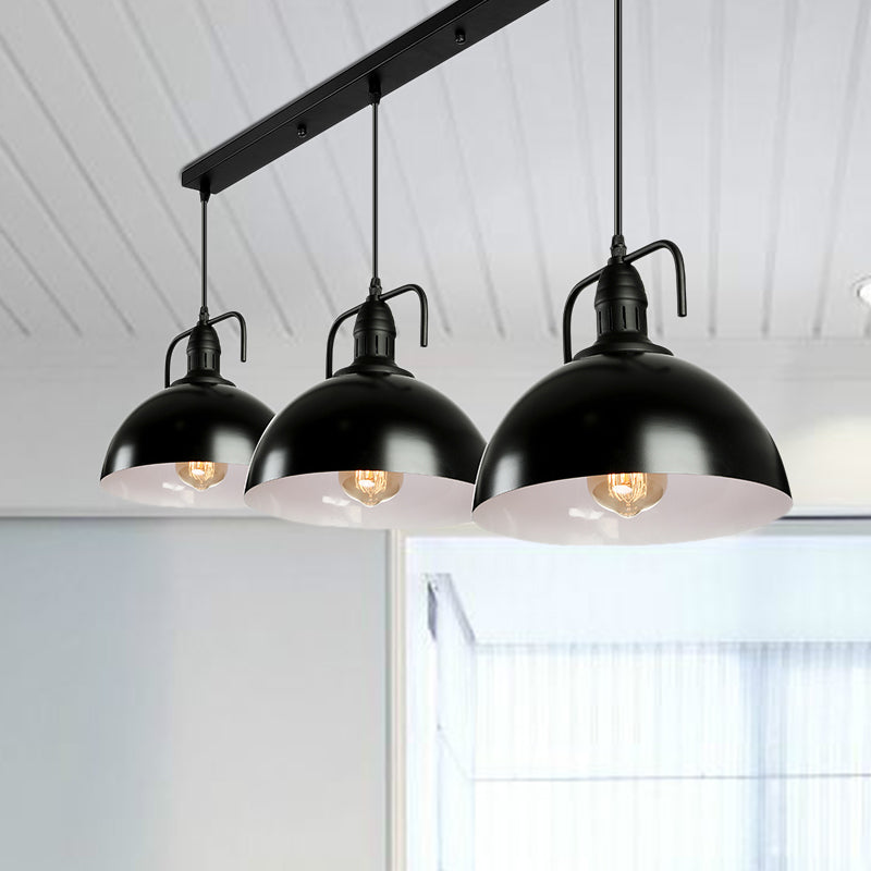 3 Lights Dome Pendant Light Loft Style Black Finish Metal Ceiling Fixture with Linear/Round Canopy and Handle