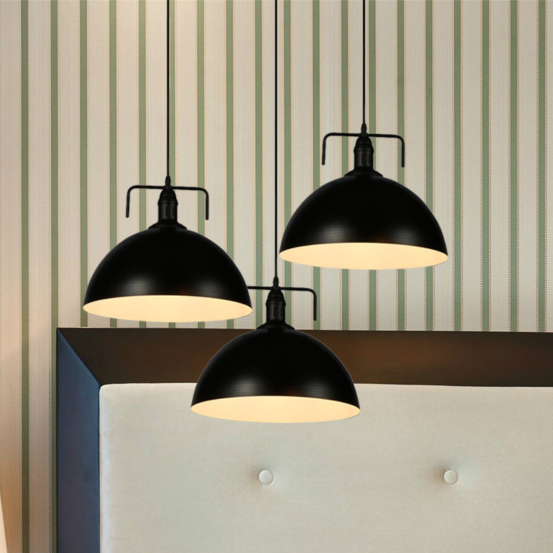 3 Lights Dome Pendant Light Loft Style Black Finish Metal Ceiling Fixture with Linear/Round Canopy and Handle