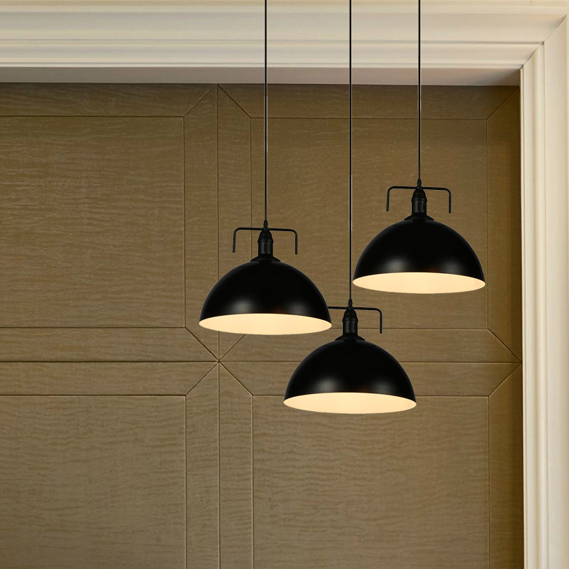 3 Lights Dome Pendant Light Loft Style Black Finish Metal Ceiling Fixture with Linear/Round Canopy and Handle