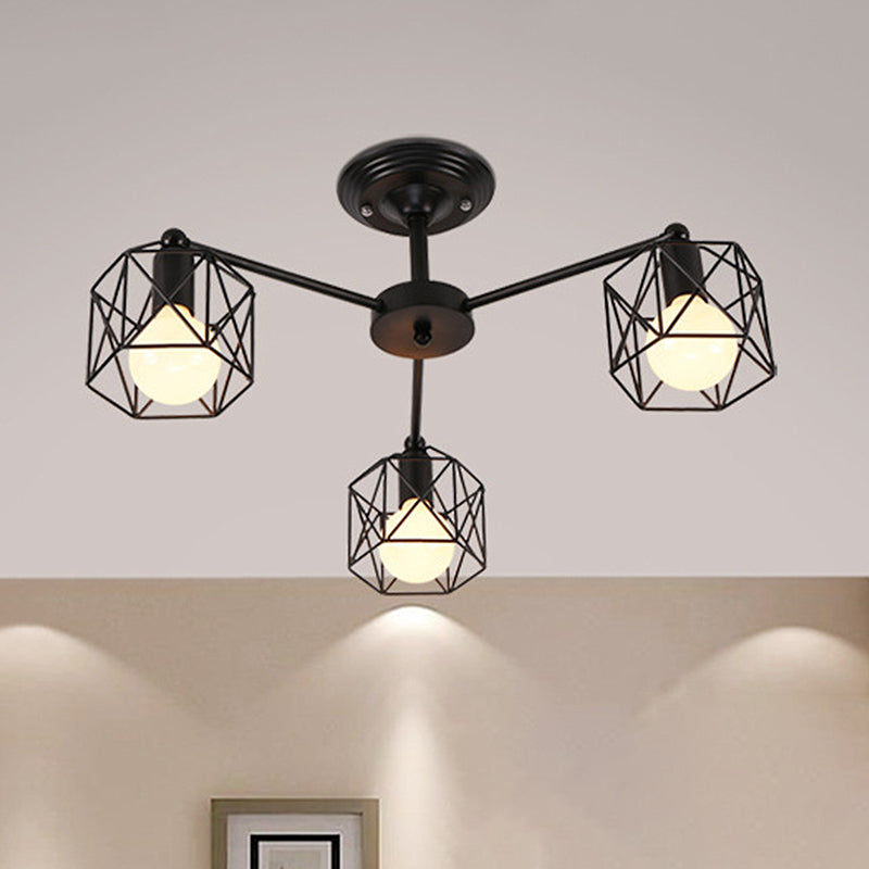 3/5 Bulbs Semi Flush Light with Geometric Cage Shade Iron Industrial Retro Living Room Ceiling Lamp in Black