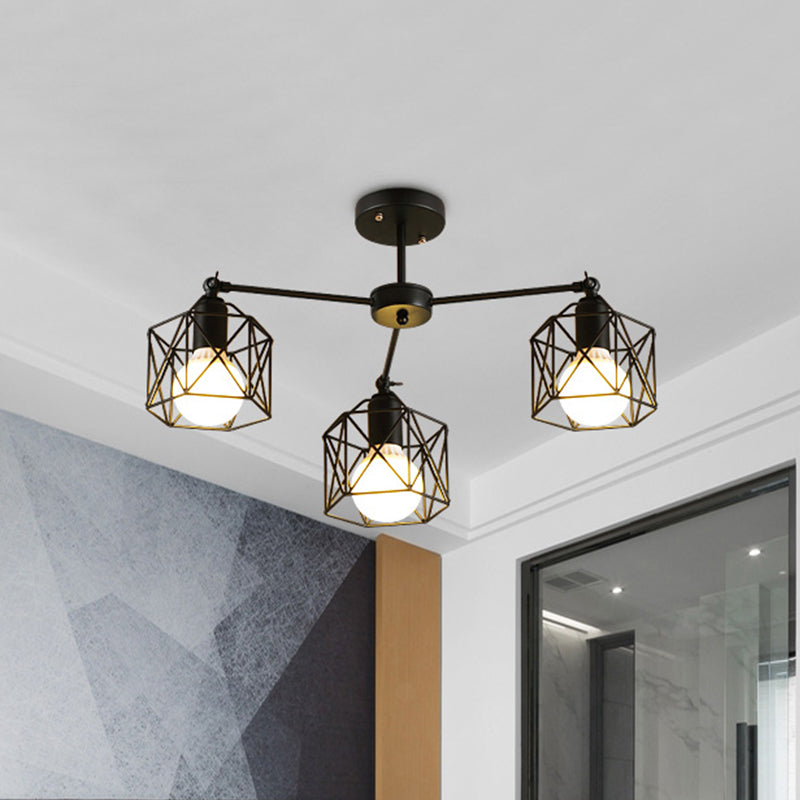 3/5 Bulbs Semi Flush Light with Geometric Cage Shade Iron Industrial Retro Living Room Ceiling Lamp in Black