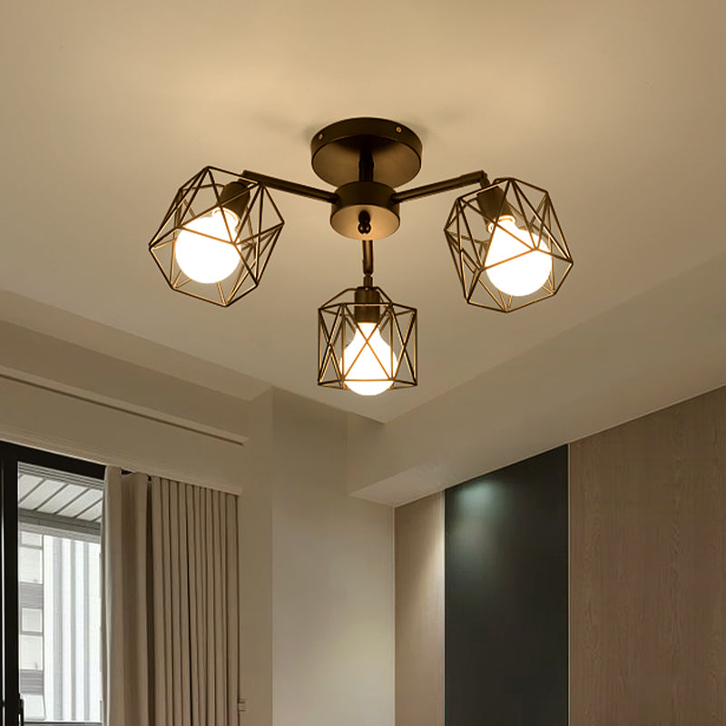 3/5 Bulbs Semi Flush Light with Geometric Cage Shade Iron Industrial Retro Living Room Ceiling Lamp in Black