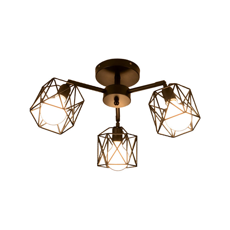 3/5 Bulbs Semi Flush Light with Geometric Cage Shade Iron Industrial Retro Living Room Ceiling Lamp in Black