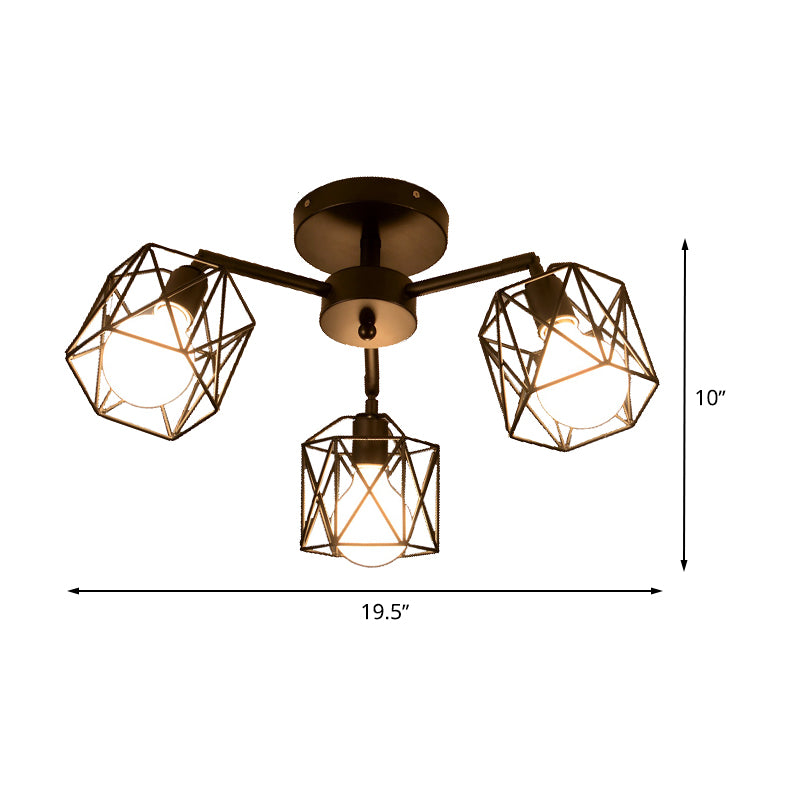 3/5 Bulbs Semi Flush Light with Geometric Cage Shade Iron Industrial Retro Living Room Ceiling Lamp in Black