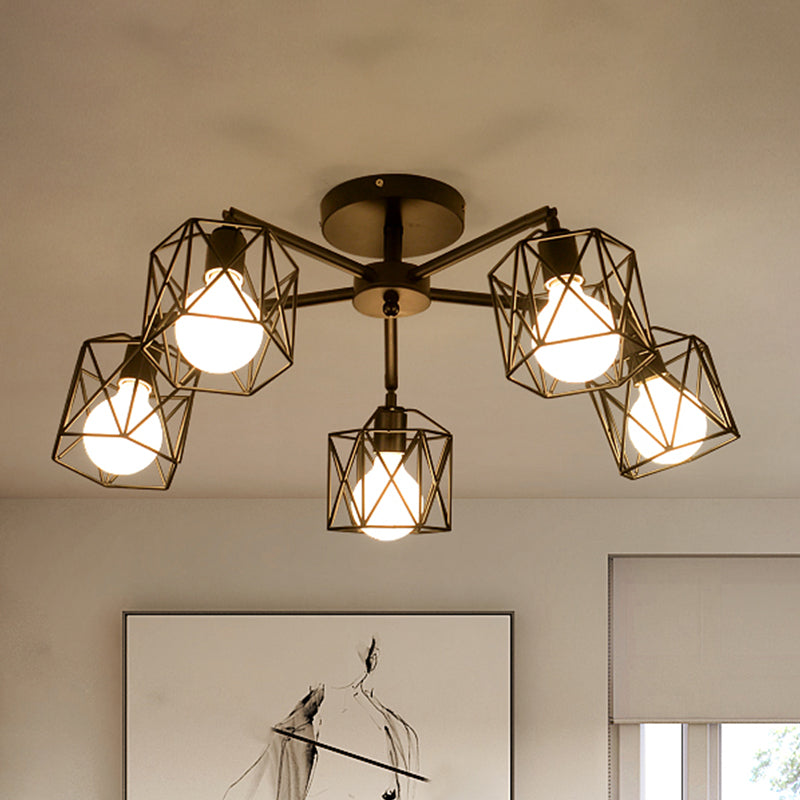 3/5 Bulbs Semi Flush Light with Geometric Cage Shade Iron Industrial Retro Living Room Ceiling Lamp in Black