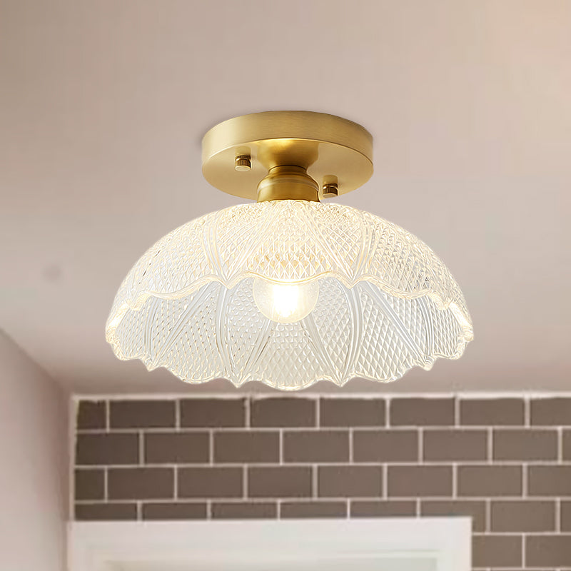 1 Light Ceiling Light Fixture with Bowl/Barn/Flower Shade Clear Textured Glass Industrial Corridor Semi Flush