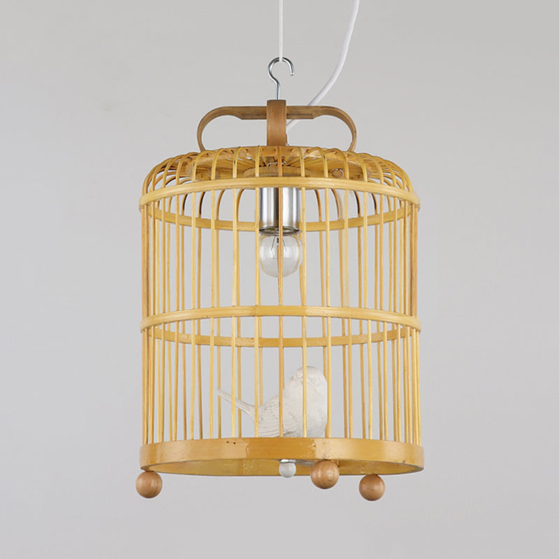 Bamboo Birdcage Shade Pendant Light With Bird Accent Style chinois 1 tête de tête beige lampe, 8 "/ 10" de largeur