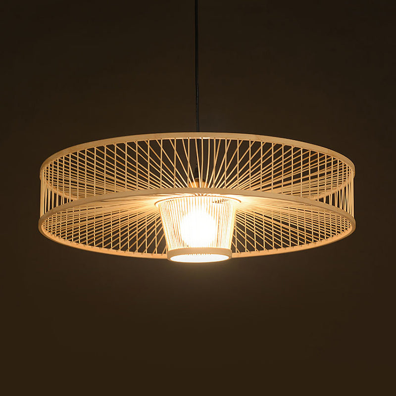 Handmade Round Ceiling Pendant 1 Light Asian Bamboo Pendant Light for Restaurant