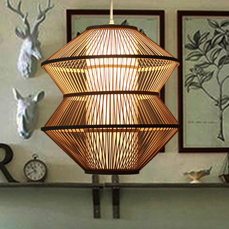 Open-Weave Ceiling Lamp Contemporary Bamboo 1 Light Indoor Hanging Light with Inner Cylinder Shade in Beige