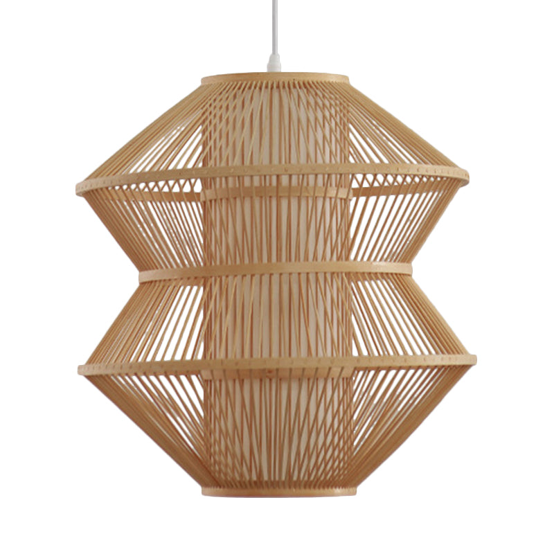 Open-Weave Ceiling Lamp Contemporary Bamboo 1 Light Indoor Hanging Light with Inner Cylinder Shade in Beige