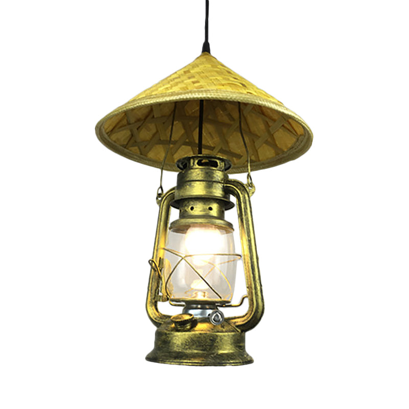 Lodge Style Hat Pendant Light Rattan 1 Light Dining Room Hanging Lamp with Metal Lantern Shade in Brass, 12"/18" W