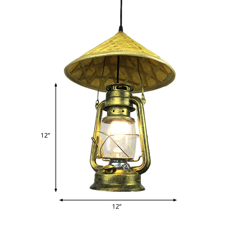 Lodge Style Hat Pendant Light Rattan 1 Light Dining Room Hanging Lamp with Metal Lantern Shade in Brass, 12"/18" W