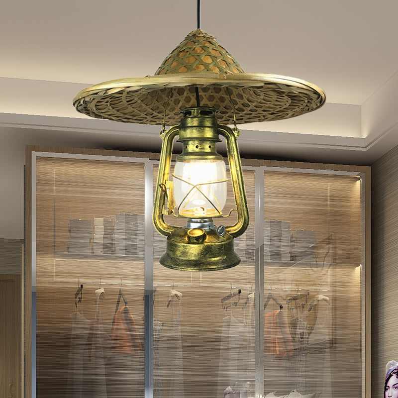 Lodge Style Hat Pendant Light Rattan 1 Light Dining Room Hanging Lamp with Metal Lantern Shade in Brass, 12"/18" W