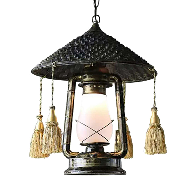 Lanterne en verre givré Style de lampe suspendue 1 tête plafond noir avec conception de chapeau pour balcon