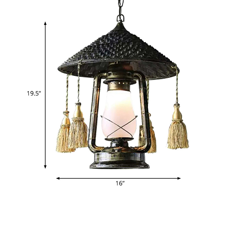 Lanterne en verre givré Style de lampe suspendue 1 tête plafond noir avec conception de chapeau pour balcon