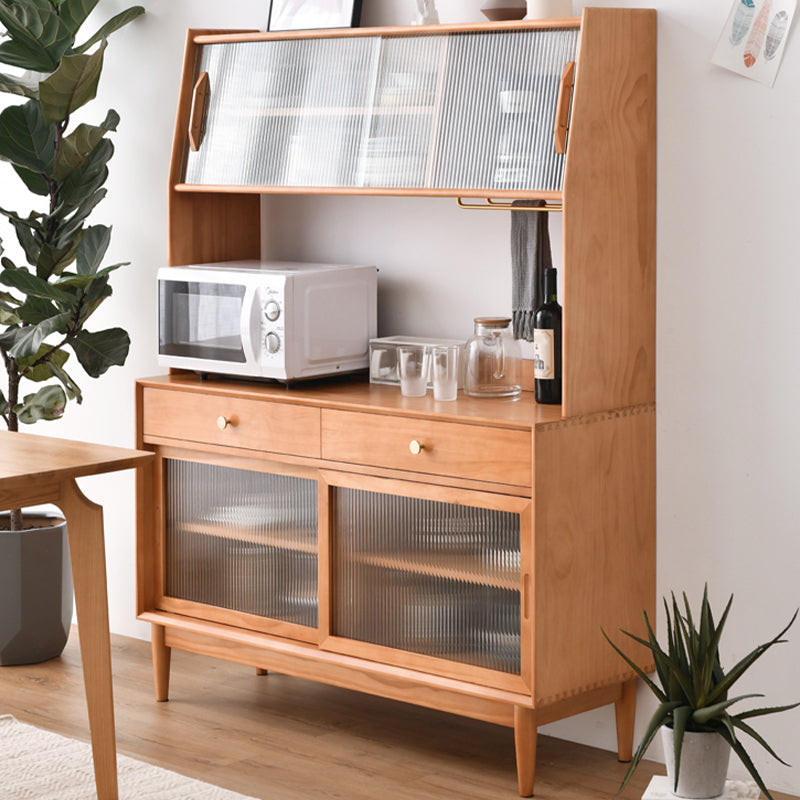 Modern Pine Solid Wood Server 2 Drawer Brown Credenza with Glass Door