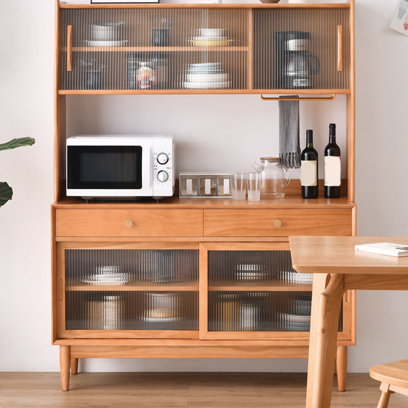 Modern Pine Solid Wood Server 2 Drawer Brown Credenza with Glass Door