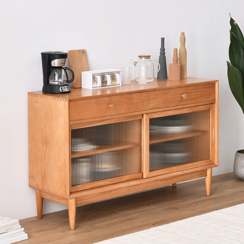 Modern Pine Solid Wood Server 2 Drawer Brown Credenza with Glass Door