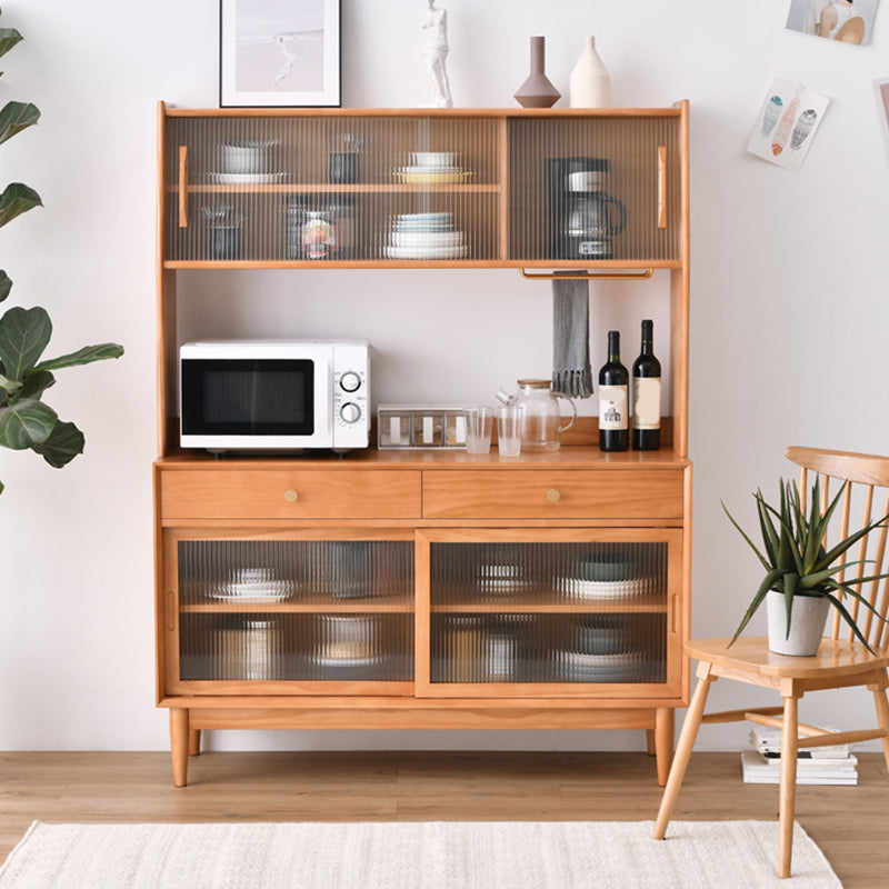 Modern Pine Solid Wood Server 2 Drawer Brown Credenza with Glass Door