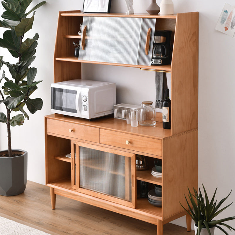 Modern Pine Solid Wood Server 2 Drawer Brown Credenza with Glass Door