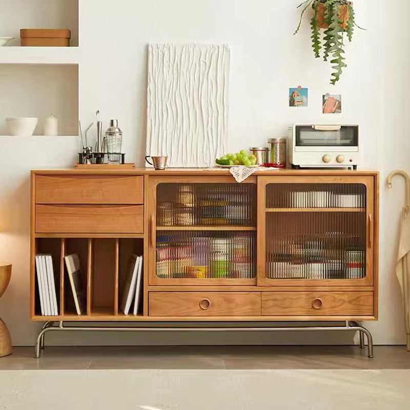 Modern Cherry Wood Dining Server Adjustable Shelving Brown Buffet Table with Glass Door