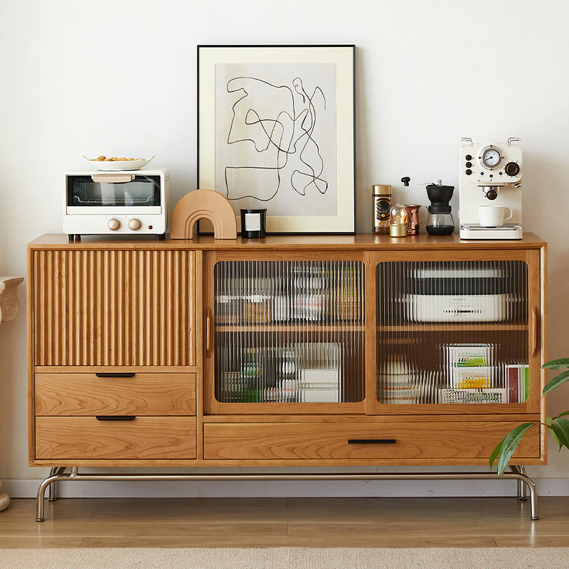 Modern Cherry Wood Dining Server Adjustable Shelving Brown Buffet Table with Glass Door