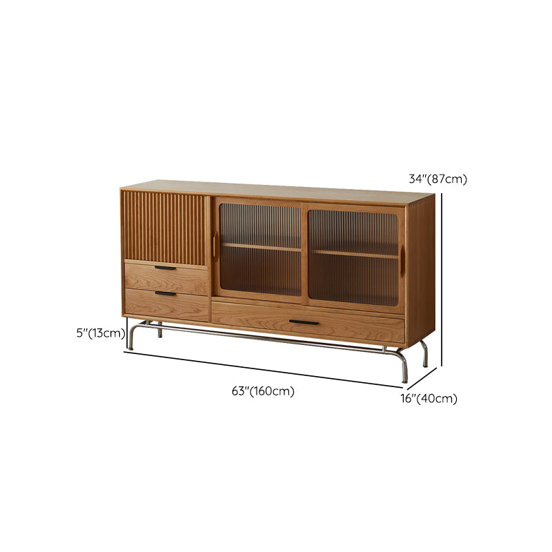 Modern Cherry Wood Dining Server Adjustable Shelving Brown Buffet Table with Glass Door