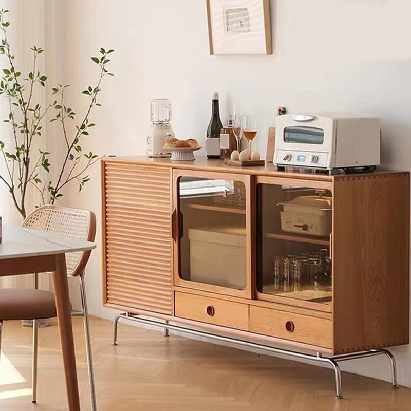 2-drawer Sideboard Table Modern Brown Pine Solid Wood Credenza with Glass Door